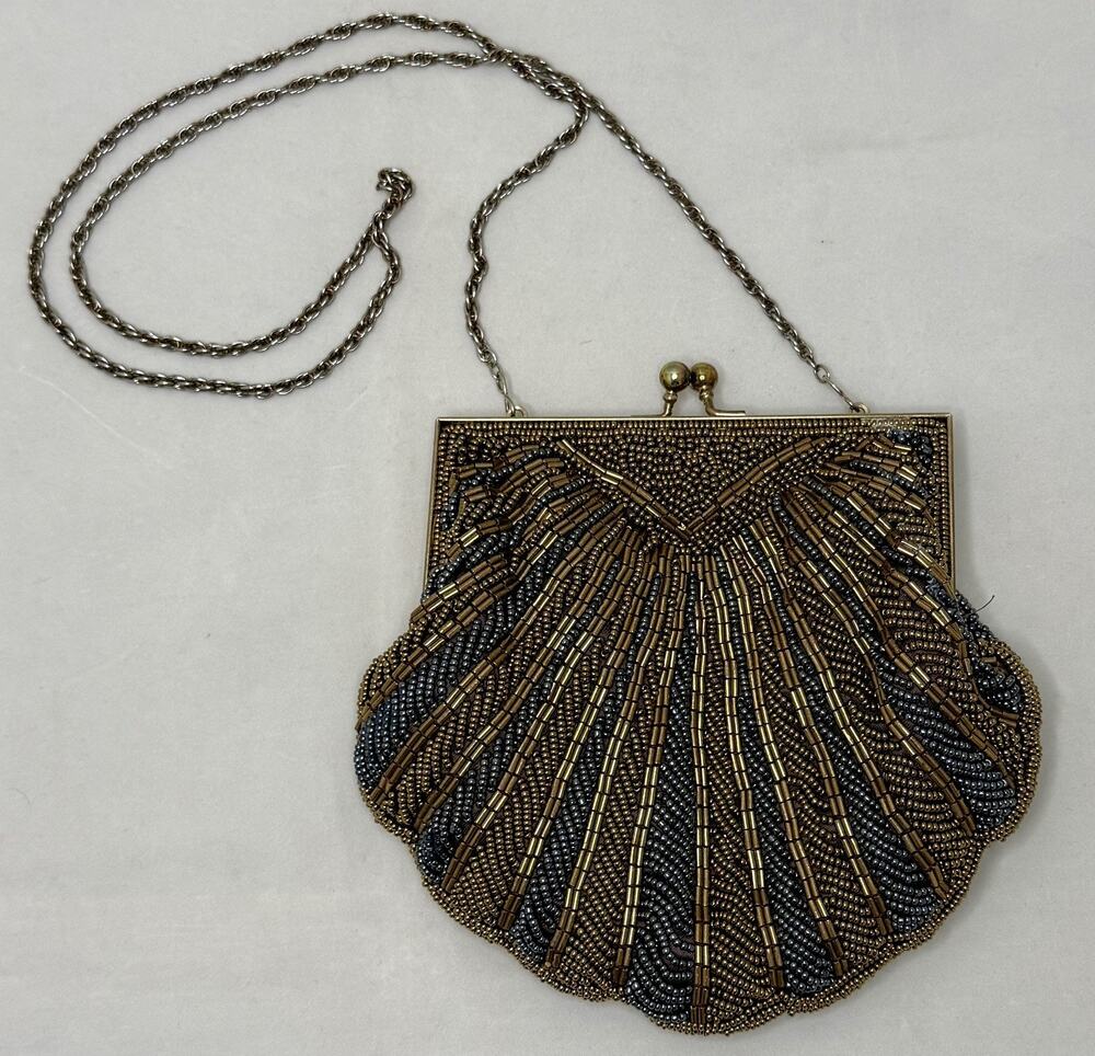 VTG Navy Blue & Brass Beaded Clamshell Evening Bag Purse Deco Walborg Hong Kong